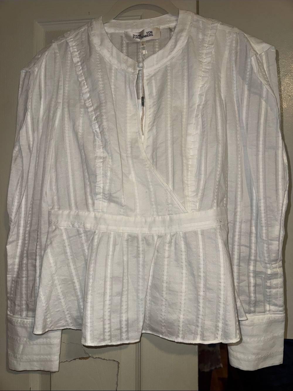 Diane Von Furstenberg White Peplum Ruffle-Trim Blouse